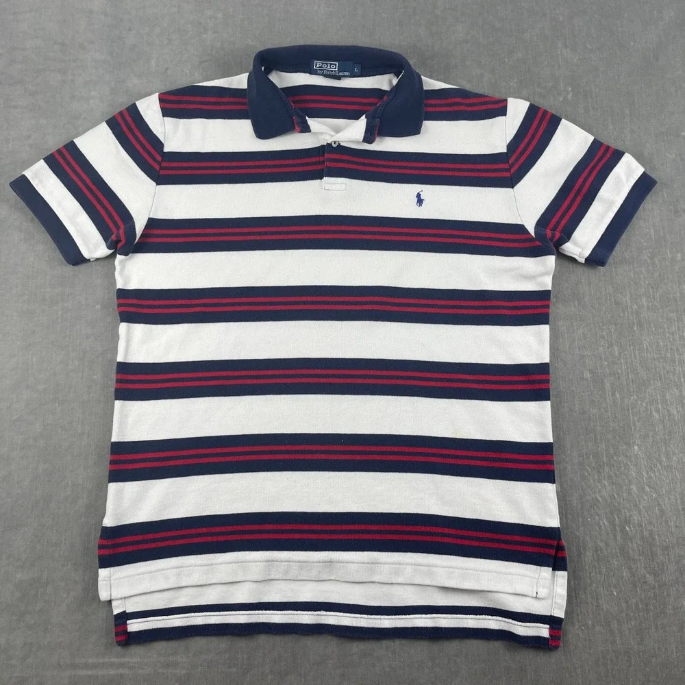 Polo Ralph Lauren Men L White Navy Red Striped Polo Shirt Embroidered Logo